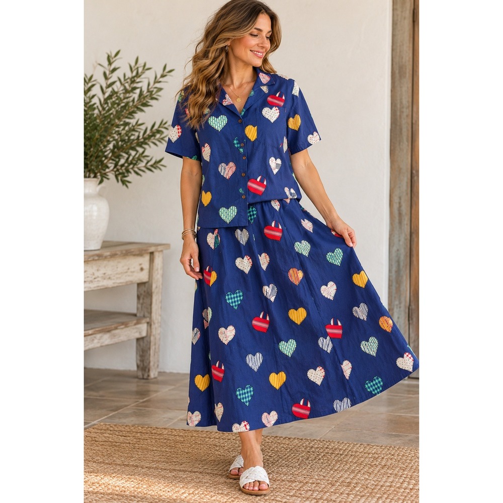 Vintage Bechamel Blue Cotton Heart Patchwork Print Shirt and Skirt Set Womens